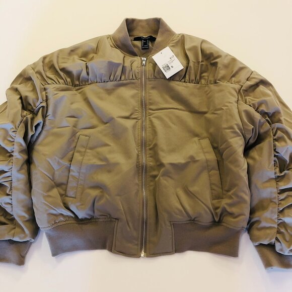 Forever 21 Ruched Bomber Jacket Zip Up Size S Light Olive 2 Pockets Short Length - Picture 2 of 14
